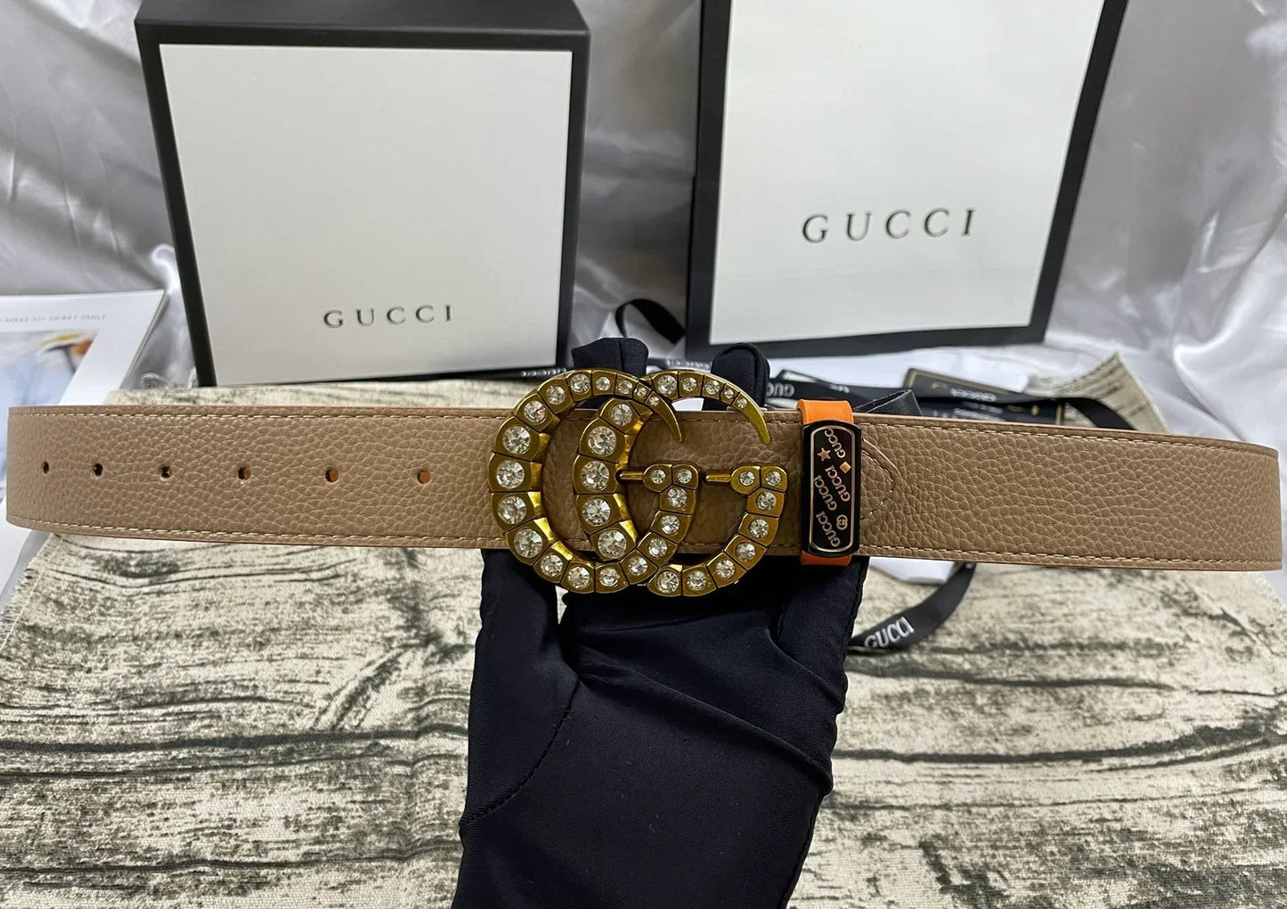 4 Colors  double-G rhinestone double-sided lychee pattern belt