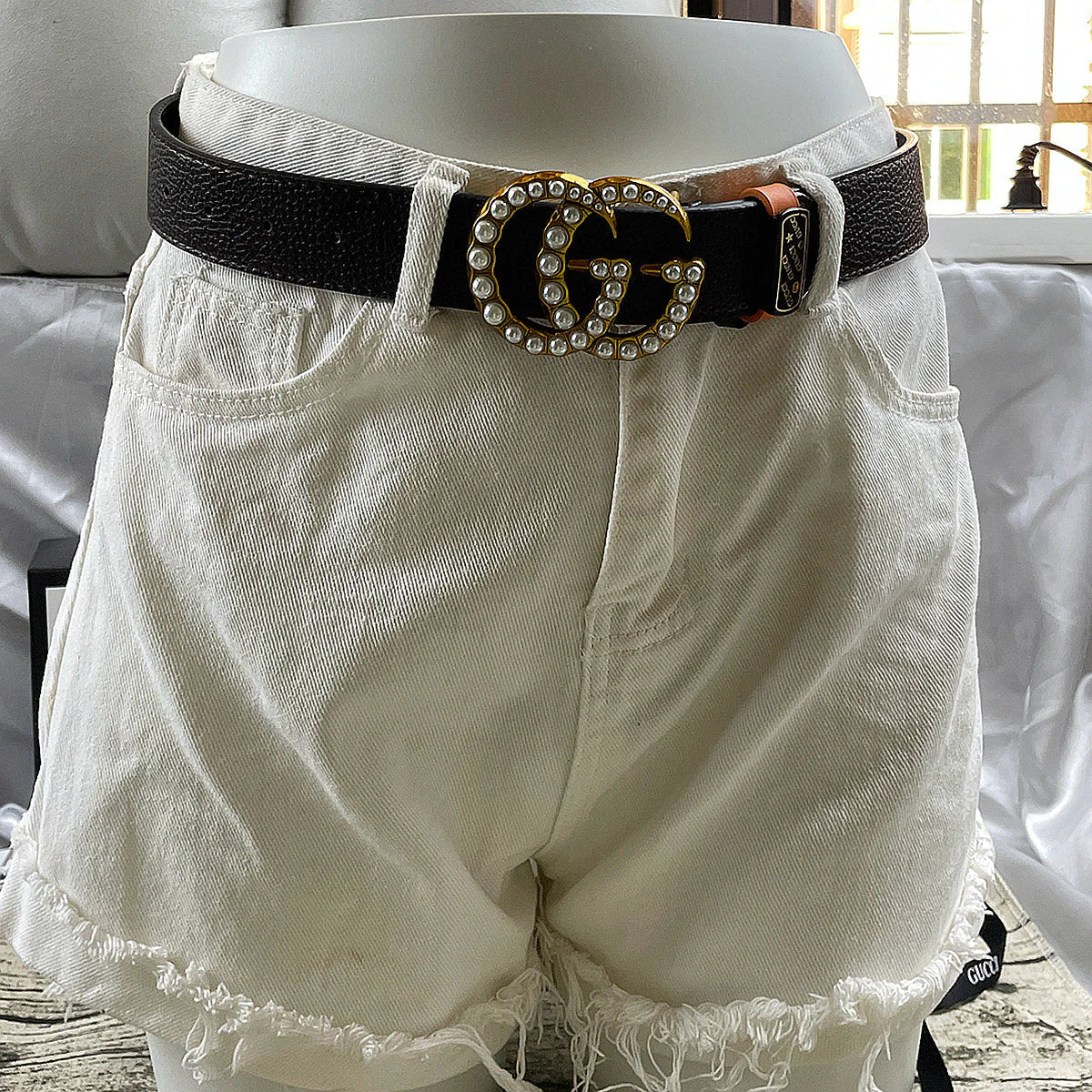 4 Colors  Double G Pearl Litchi Pattern Double Sided Belt