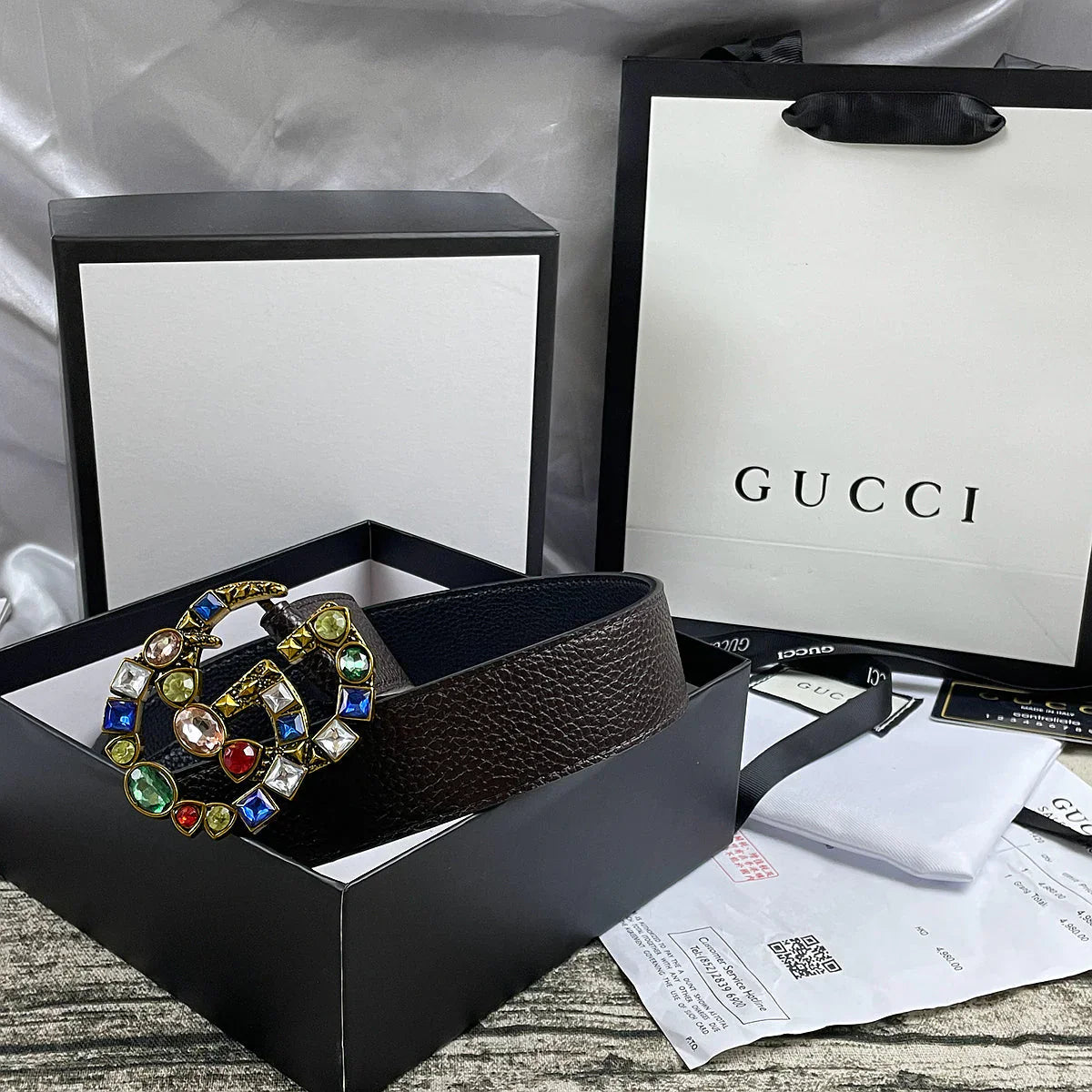 4 Colors   double G seven-color rhinestone double-sided lychee pattern belt