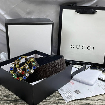 4 Colors   double G seven-color rhinestone double-sided lychee pattern belt