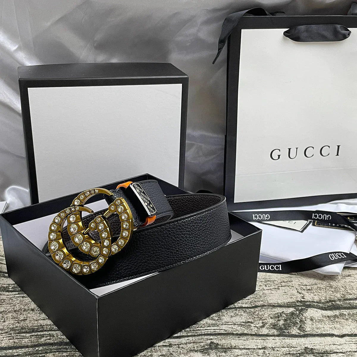 4 Colors  double-G rhinestone double-sided lychee pattern belt