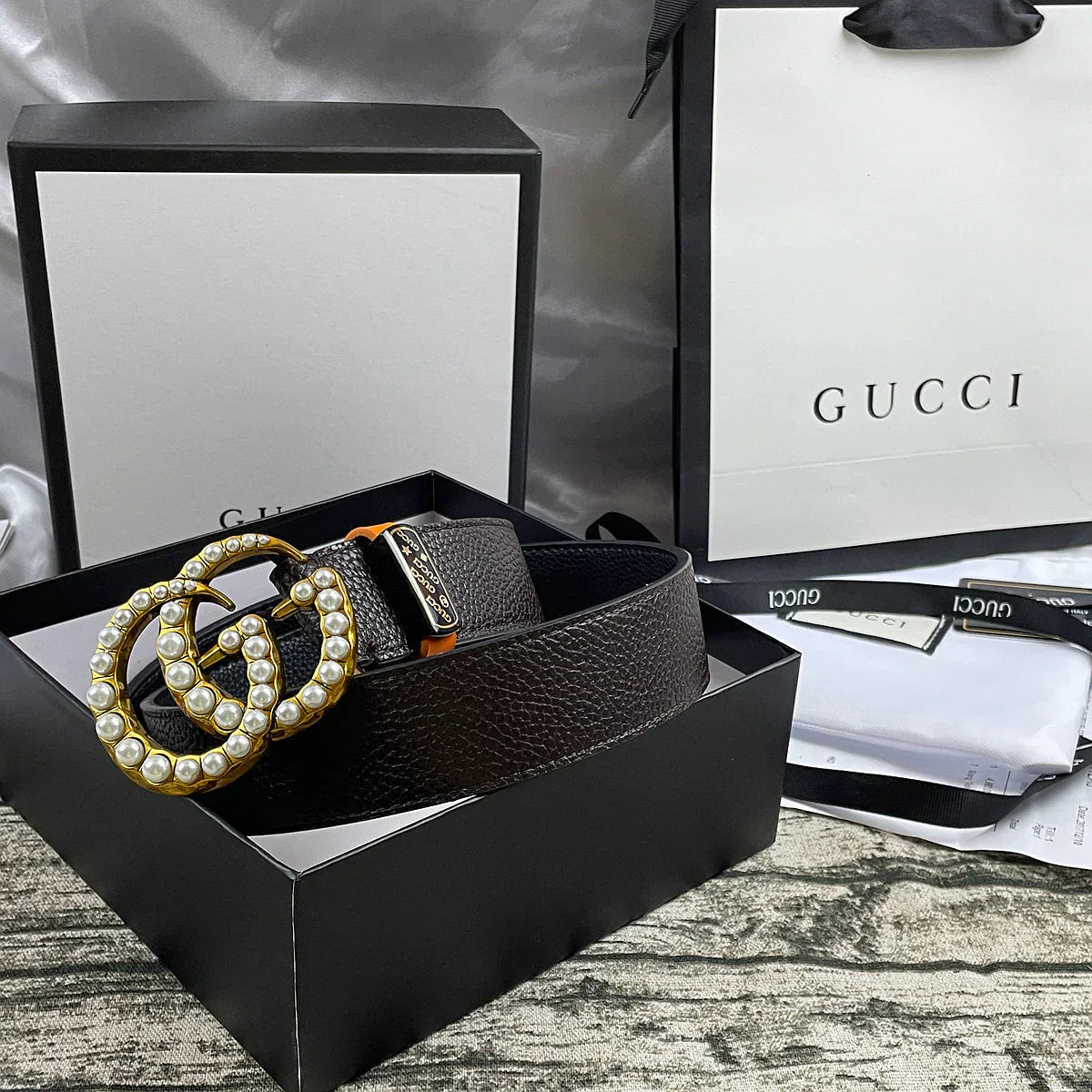 4 Colors  Double G Pearl Litchi Pattern Double Sided Belt