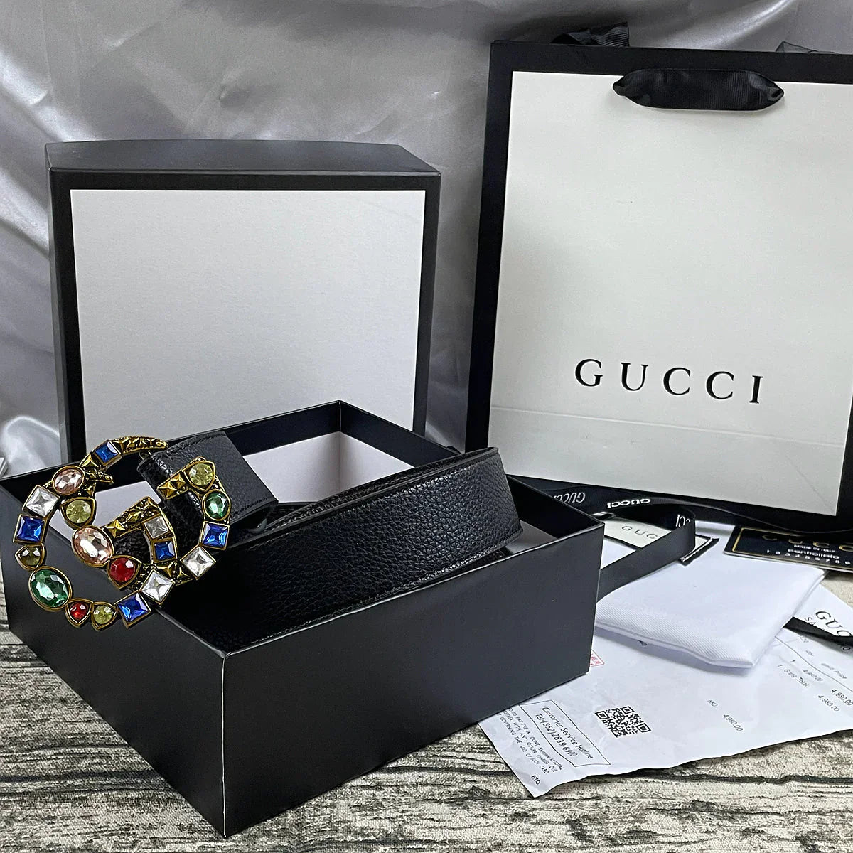 4 Colors   double G seven-color rhinestone double-sided lychee pattern belt