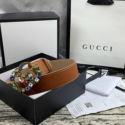 4 Colors   double G seven-color rhinestone double-sided lychee pattern belt