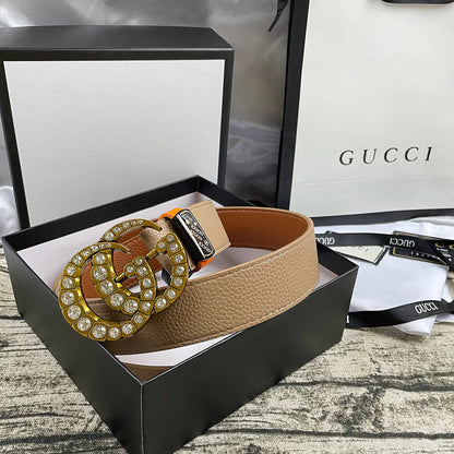 4 Colors  double-G rhinestone double-sided lychee pattern belt