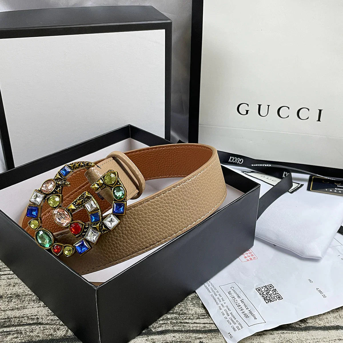 4 Colors   double G seven-color rhinestone double-sided lychee pattern belt