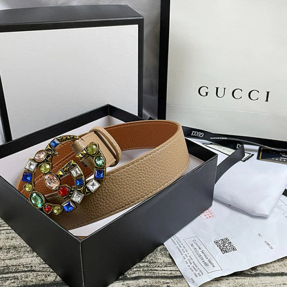 4 Colors   double G seven-color rhinestone double-sided lychee pattern belt