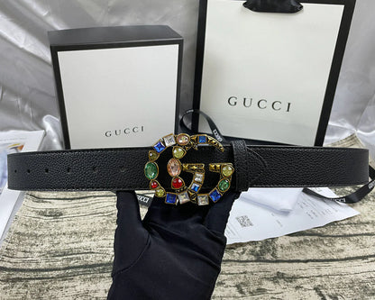 4 Colors   double G seven-color rhinestone double-sided lychee pattern belt