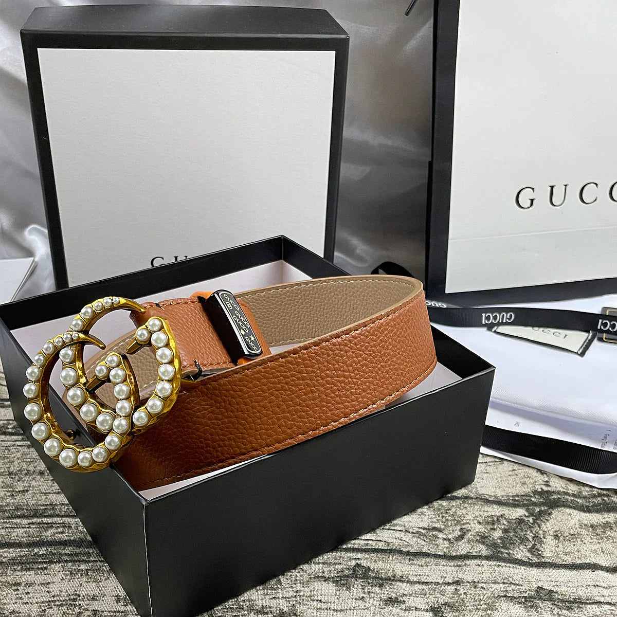 4 Colors  Double G Pearl Litchi Pattern Double Sided Belt