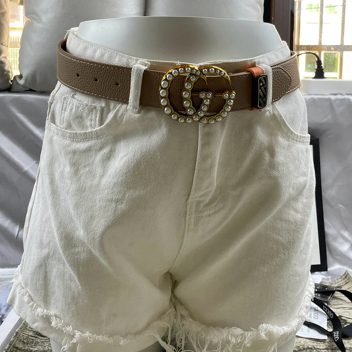 4 Colors  Double G Pearl Litchi Pattern Double Sided Belt