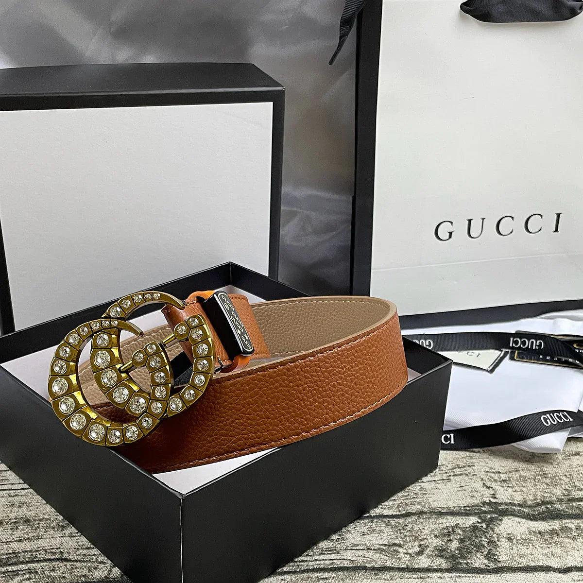 4 Colors  double-G rhinestone double-sided lychee pattern belt