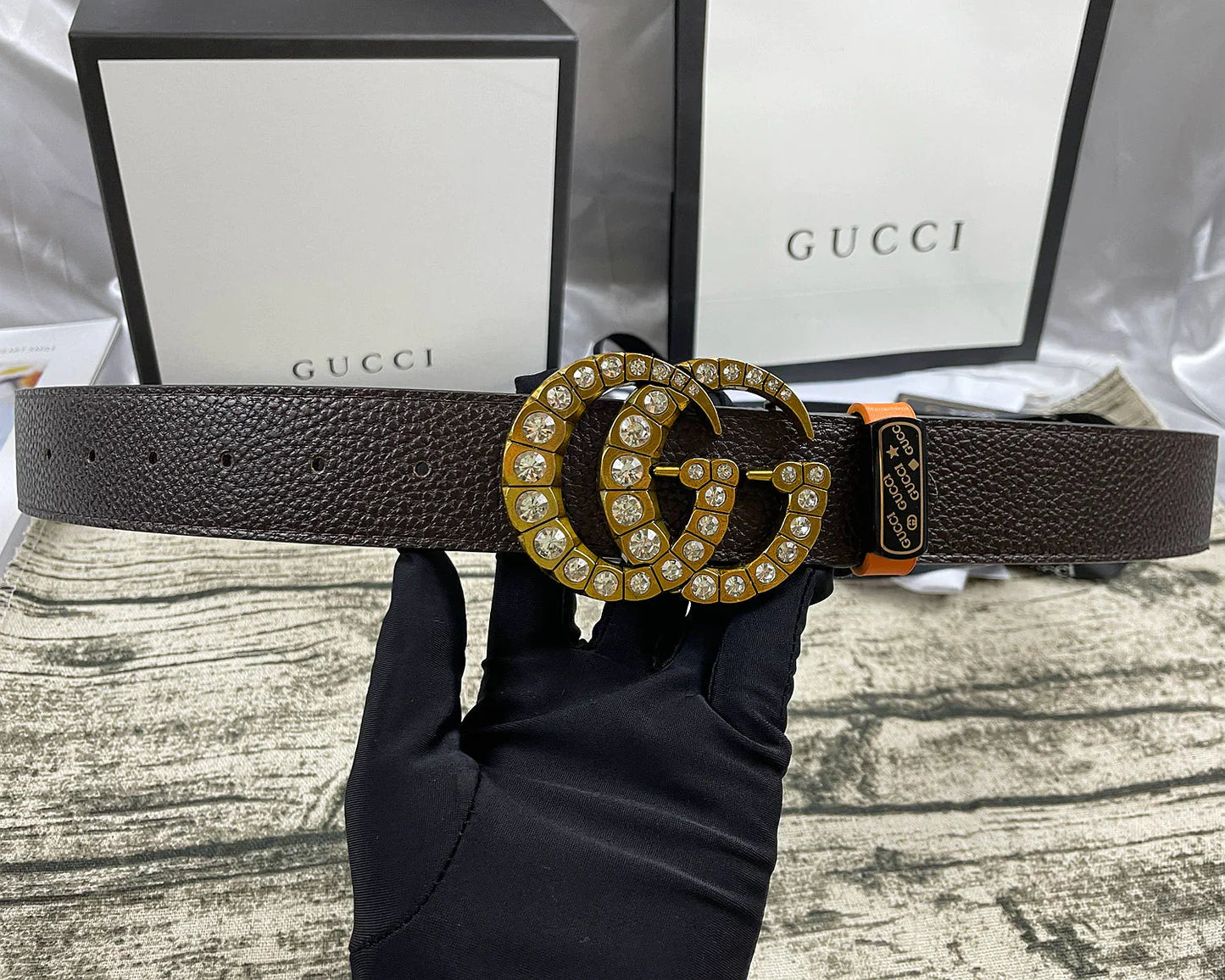 4 Colors  double-G rhinestone double-sided lychee pattern belt