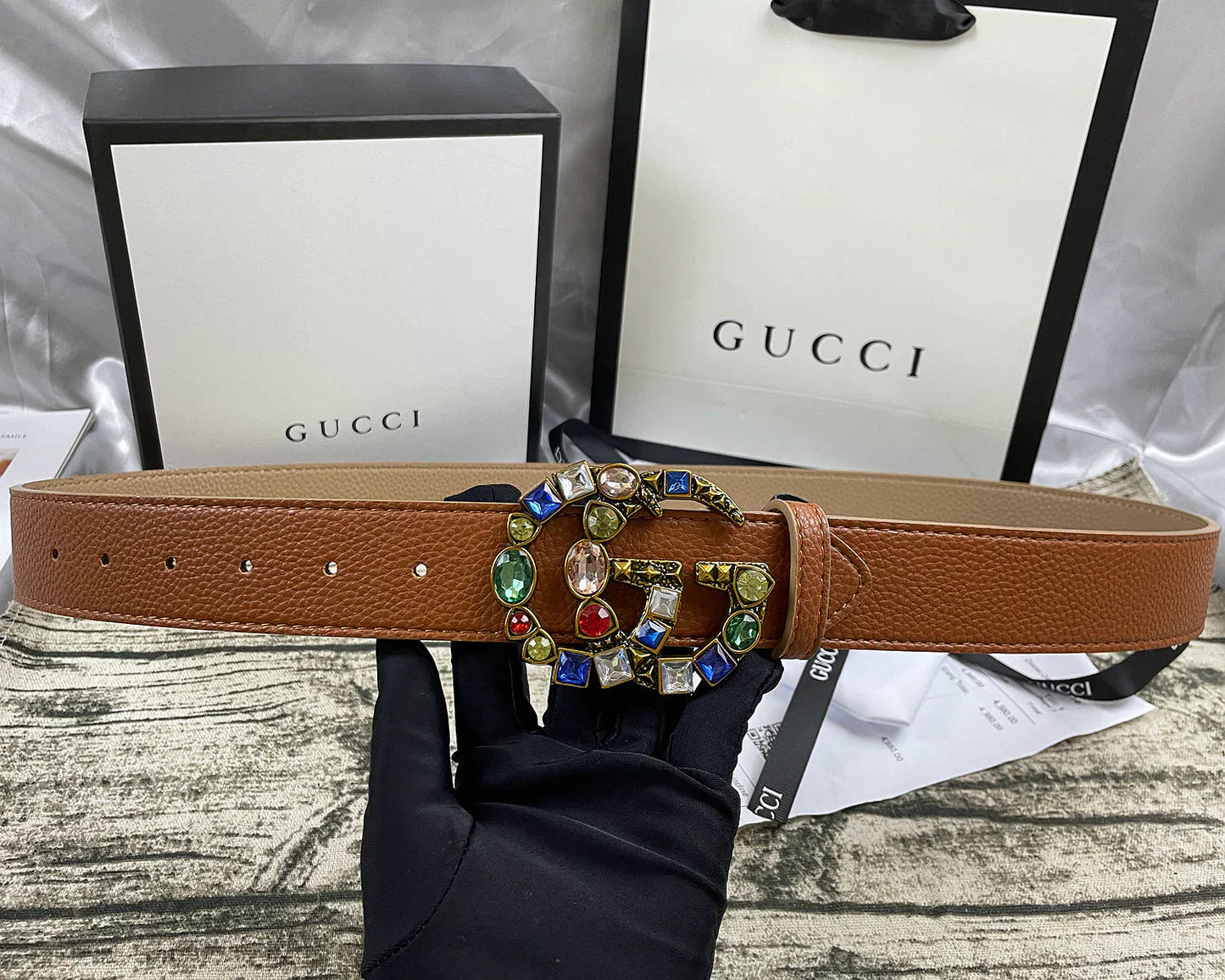 4 Colors   double G seven-color rhinestone double-sided lychee pattern belt