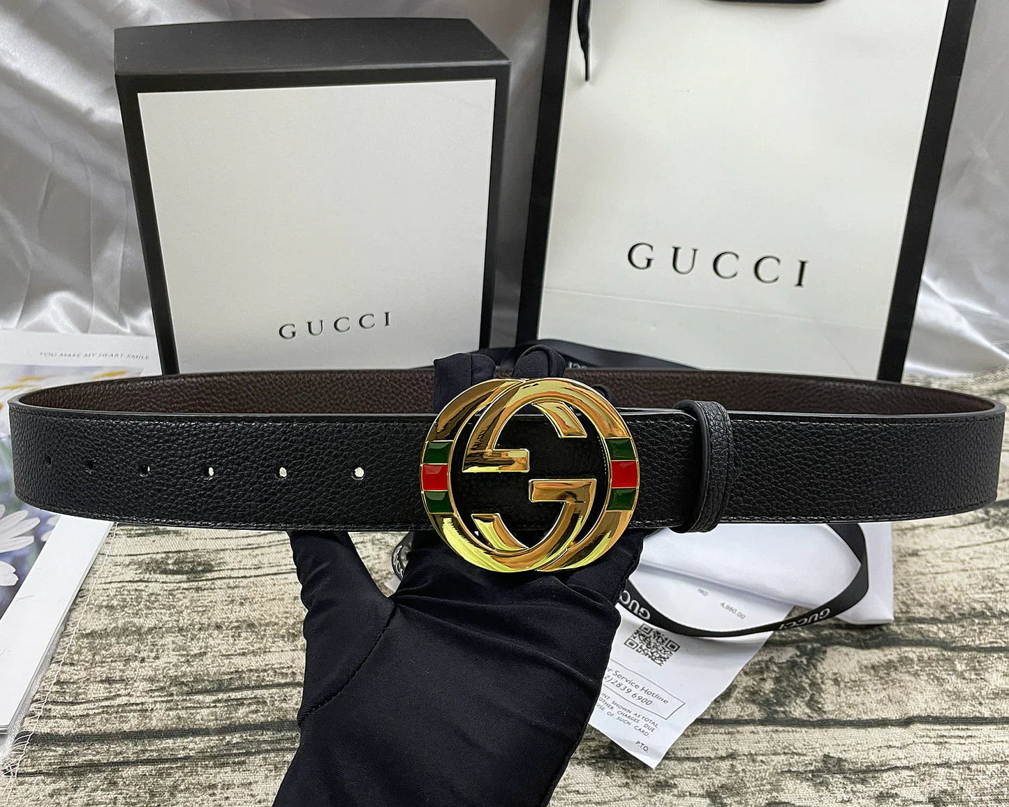 4 Colors   double-G three-layer lychee pattern double-sided belt